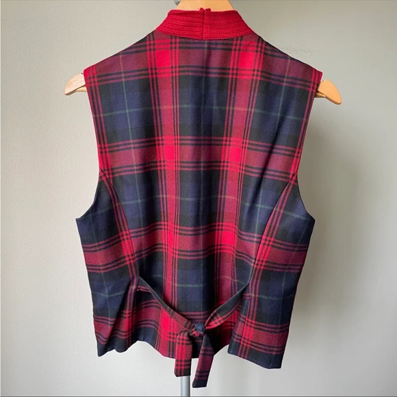 Vintage Wool Red Vest with Tartan Back Gold Button - Picture 3 of 7